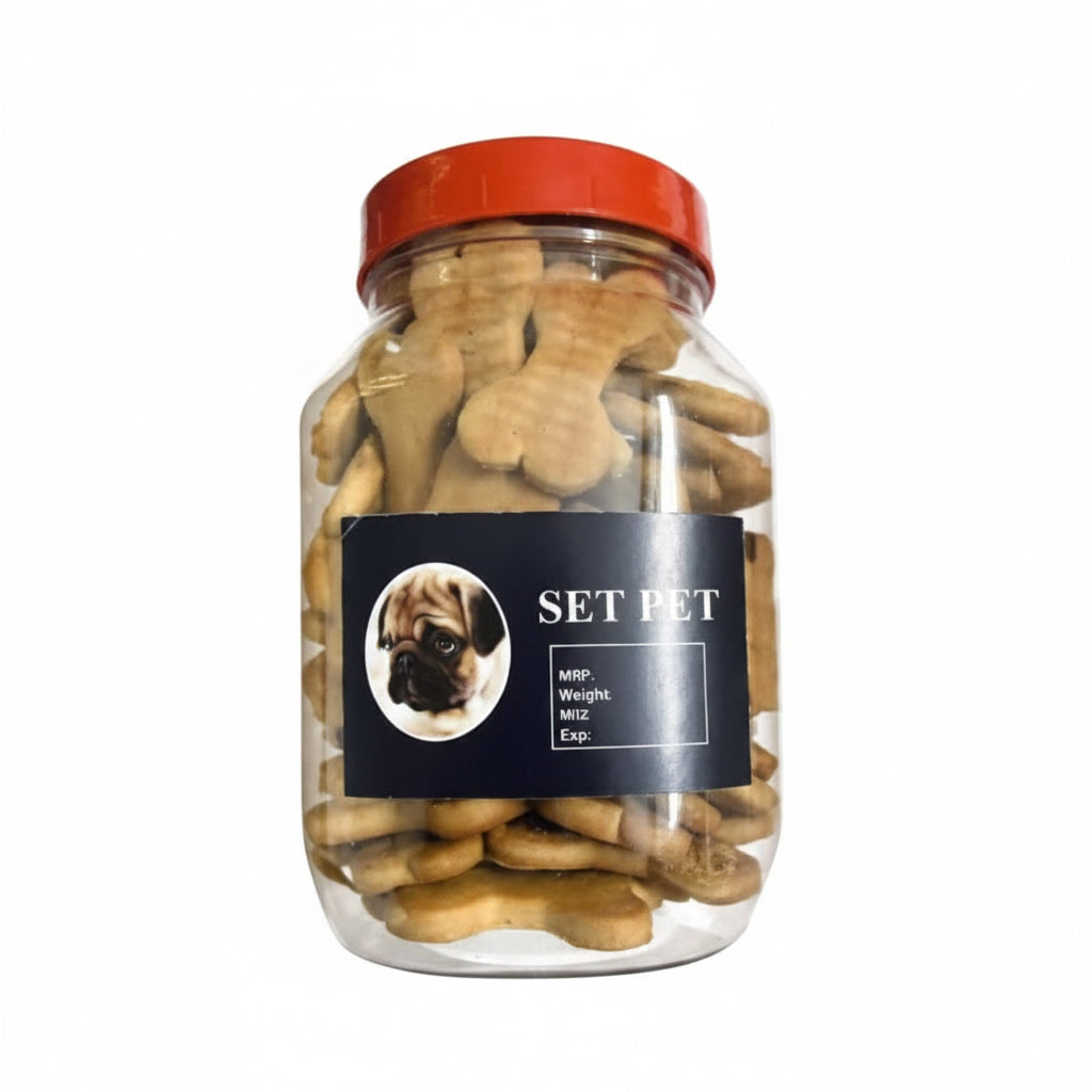 Jar of dog treats with a label on a white background