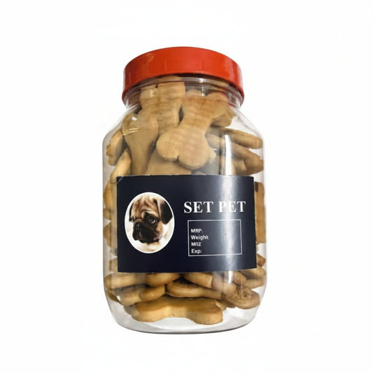 Jar of dog treats with a label on a white background