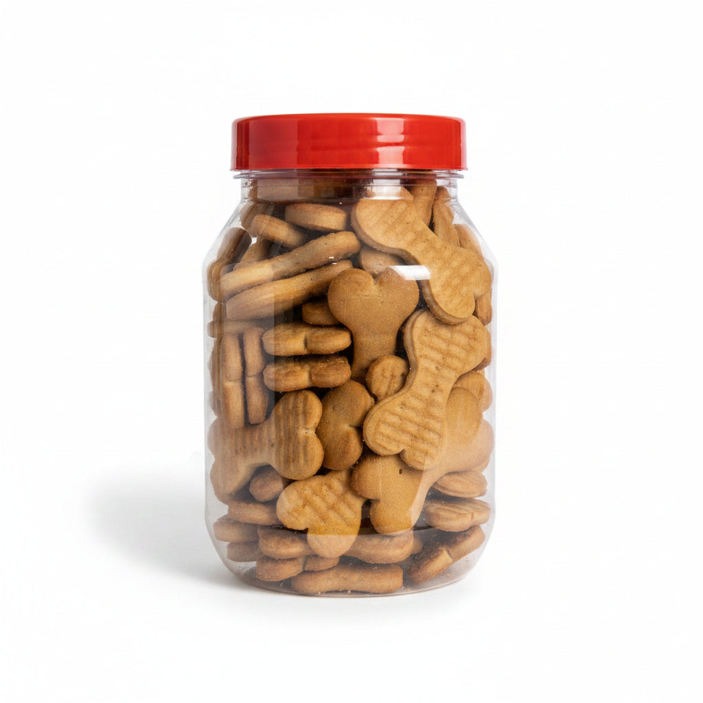 Jar filled with dog treats on a white background